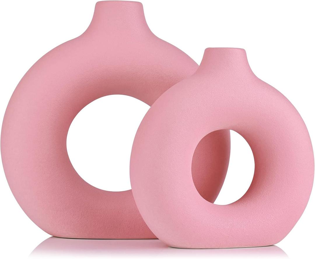 Pink Vase Decor Donut Vase Set of 2 - Circle Hollow Vases, Modern Matte Ceramic Vases for Entryway Living Room Bedroom Dining Table Centerpiece Office Home Decor