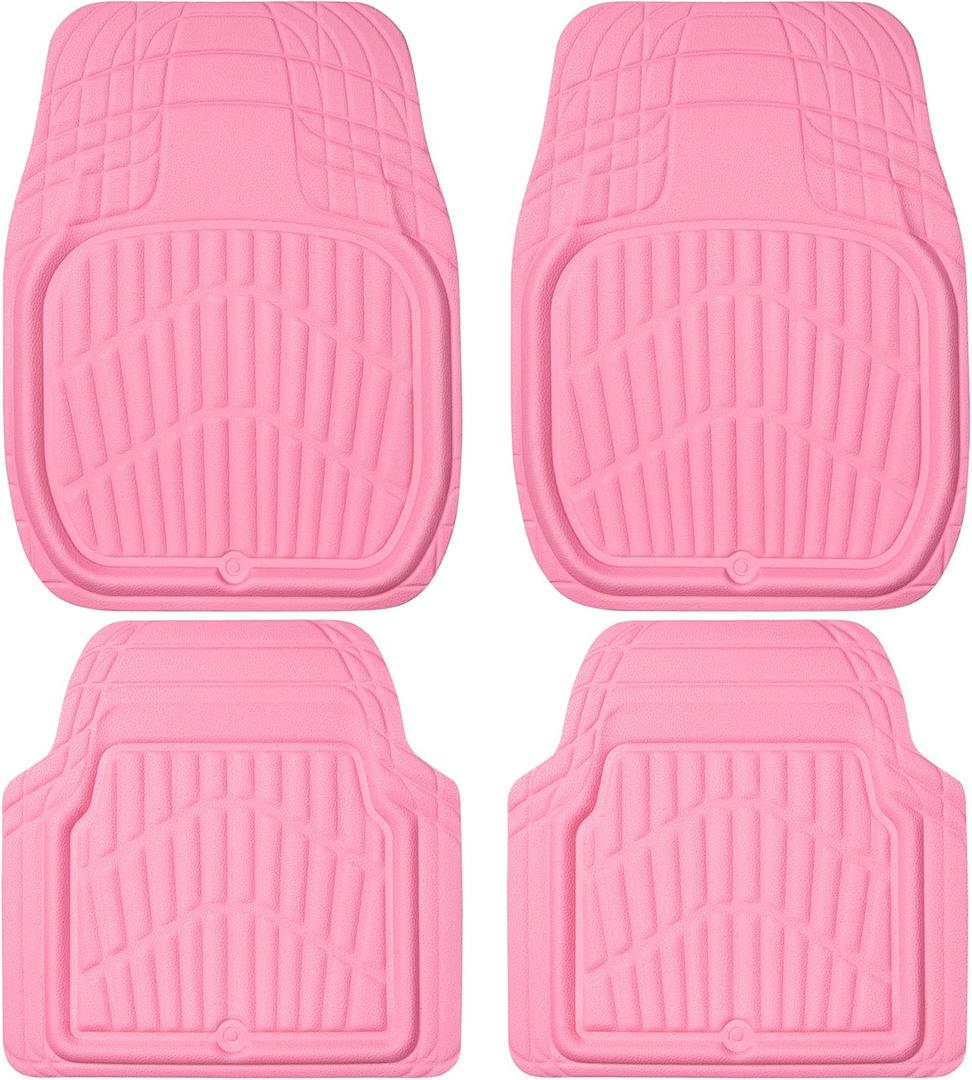 CAR PASS 4 Piece Leather Car Floor Mats -3D Cute Girly Waterproof All Weather Car Mat Full Set, Universal Trim to Fit & Anti-Slip Burr Bottom & Light Easy Clean for SUV Truck Auto Sedan Van(Pink)