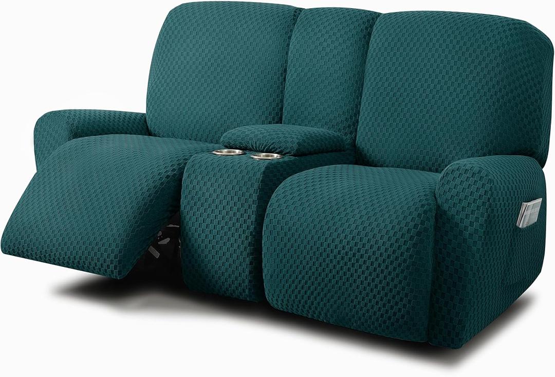ULTICOR Reclining Love Seat with Middle Console Slipcover, 8-Piece Jacquared Stretch Loveseat Reclining Sofa Covers, 2 seat Loveseat Recliner Cover, Thick, Soft, Washable, (Deep Teal) (Style 1)
