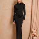 URYIAO Women's Long Sleeve Ruched Bodycon Maxi Dress Fall Winter Formal Elegant Cocktail Party Dresses (Black, XL)