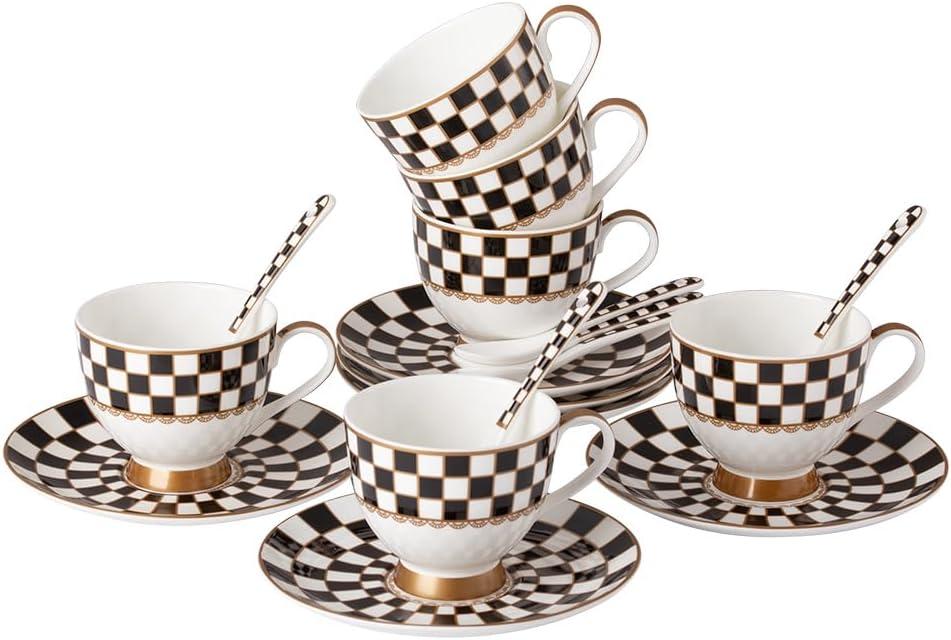 Porlien 6-ounce Porcelain Checker Teacups and Saucers Set of 6 with Spoons, Coffee Cups Set