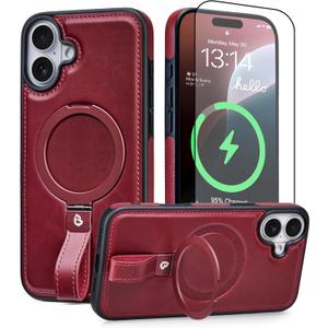 for iPhone 17 Case Leather | iPhone 17 Leather Case with Stand | Compatible with MagSafe with Magnetic Ring Grip Holder (Burgundy, IP17-6.3inch)