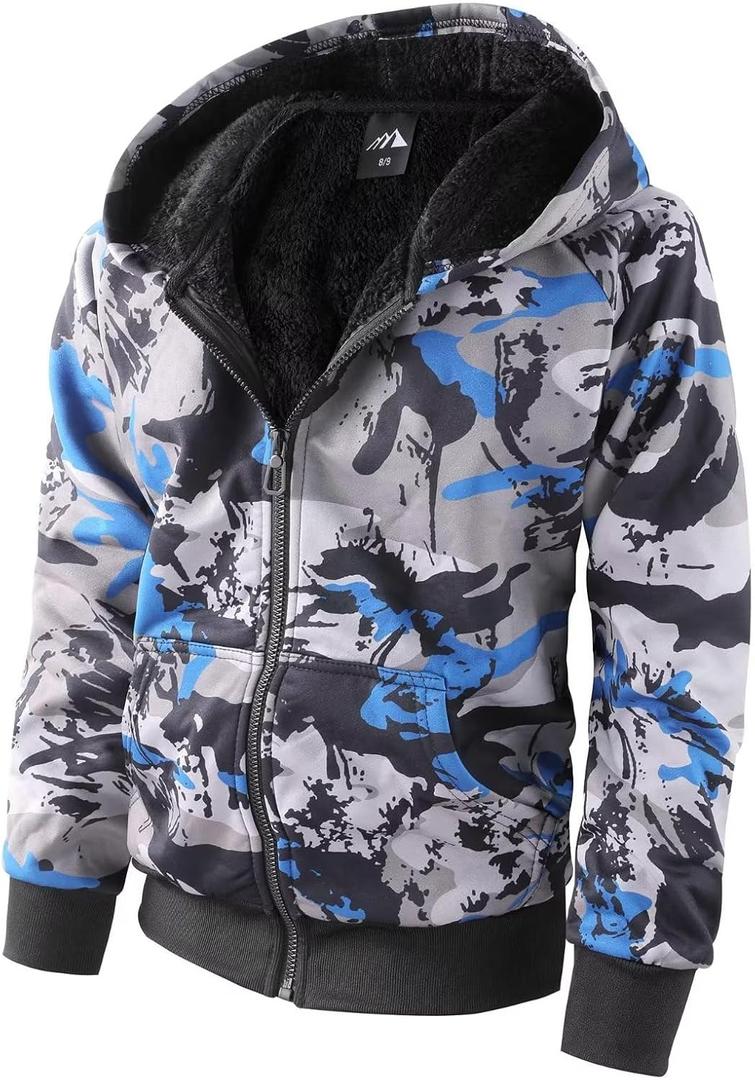 OHSNMAKSL Boys Fleece Jacket Kids Winter coat Girls Sherpa Lined Zip Up Hoodie Warm Sweatshirt School Hooded Outerwear (10-12, Blue Camouflage)