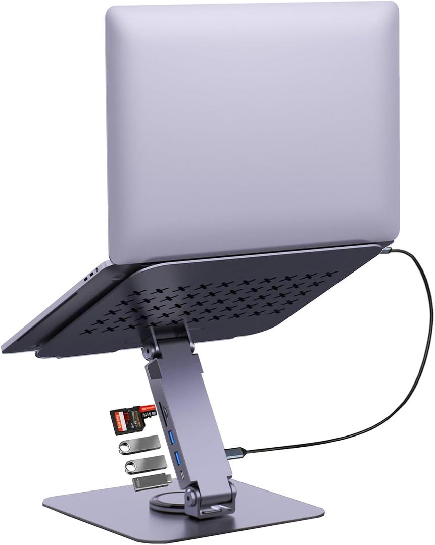 EJAY Laptop Stand with USB Hub and SD/TF Card Reader, 360 Rotating Computer Riser with 2 USB-A + 1 USB-C Ports, Ergonomic Aluminum Foldable Laptop Holder for Photographer and Designer