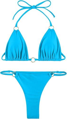 Women Bikini Set Two Piece Swimsuit Sexy Thong Bathing Suit Halter Triangle Tops Cheeky Bikini (Medium, Bright Blue3)