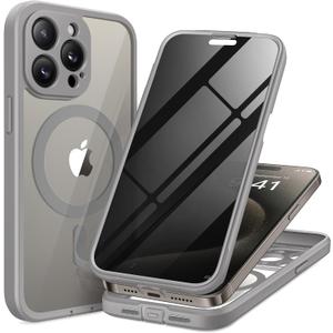 TIESZEN for iPhone 15 Pro Max Case, Compatible with MagSafe, Built-in Privacy Screen Protector and Camera Protection, Anti Spy Full Body Dustproof Shockproof Hard Phone Case 6.7", Light Grey