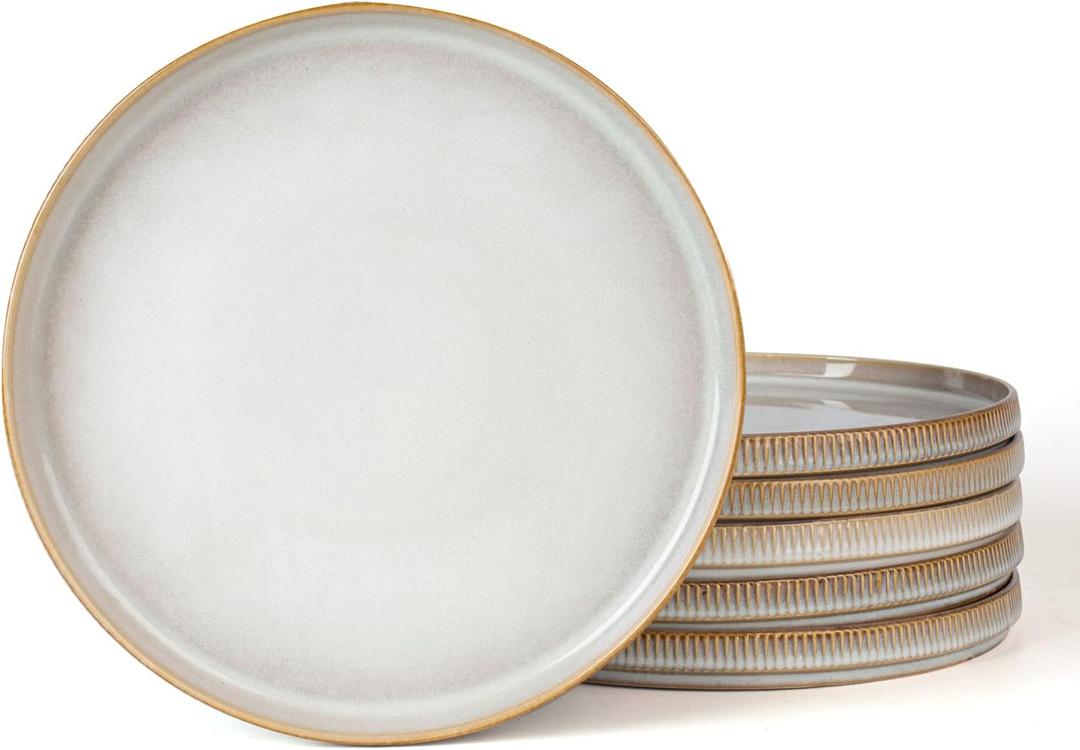 famiware Star Salad Plates for 6, 8 inches Plate Set, Stoneware Dinnerware, Small Dinner Plates for Dessert, Salad, Appetizer, Cappuccino White