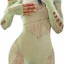 Women's Sexy See Through Long Sleeve Rhinestone Accent One Shoulder Cutout Mesh Lace Bodysuit Jumpsuit (Green)