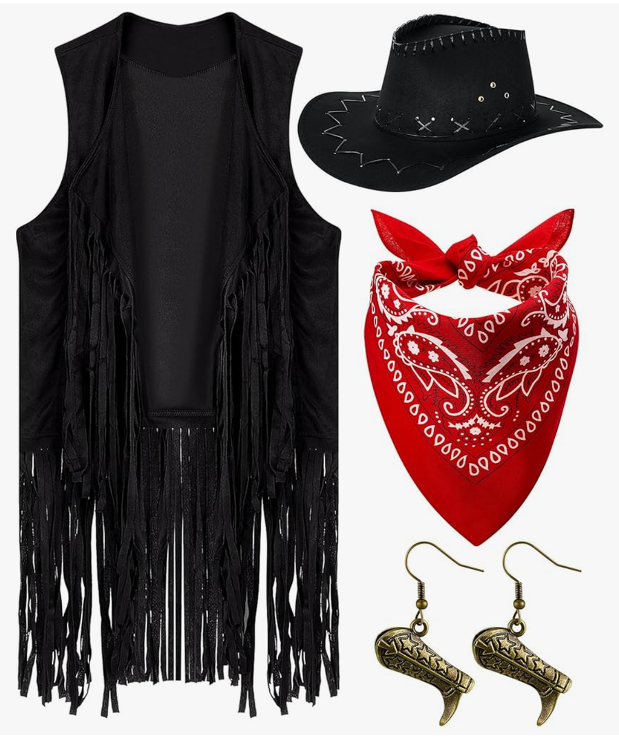 Xtinmee 4 Pcs Western Cowgirl Cowboy Outfits Set Women Tassel Vest Hat Dangle Drop Earring Paisley Bandana Dress up