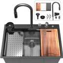 33 inch Waterfall Kitchen Sink Metal Black -Feibus 33x22x10 Drop In Sink with Faucet Combo Double Step Workstation 16 Gauge Multifunctional Stainless Steel Single Bowl