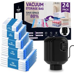 Morecoo 24Pack Vacuum Storage Bags with Electric Pump & New Air Valve, Space Saver Compression Bags for Clothes, Comforters, and Travel Essentials  Includes Jumbo, Large, Medium, Small & Roll-Up Bags