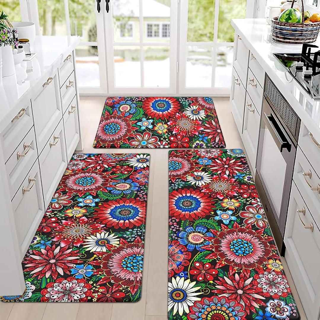 Likiyol Boho Kitchen Rugs, Floral Kitchen Mats for Floor Bohemian Cushioned Anti Fatigue Mats for Kitchen Floor, Non Slip Washable Kitchen Mat for Home, Sink, 18''x30''+18''x48''+18''x60'', Red