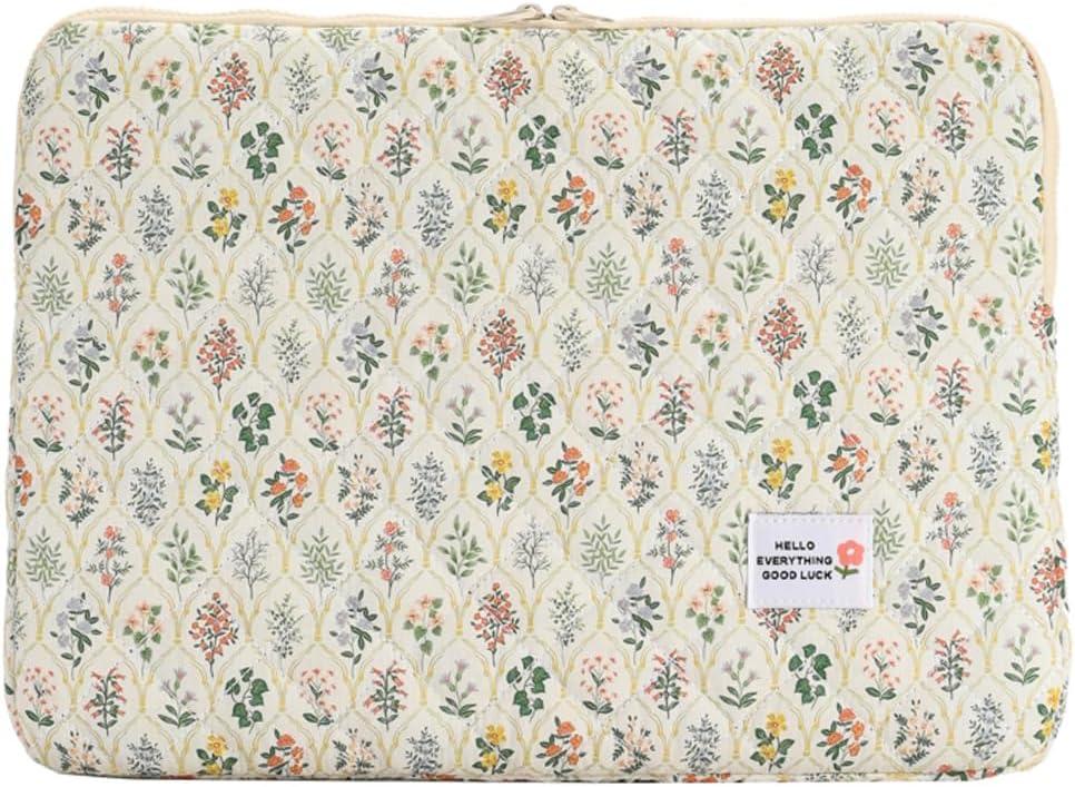Puffy Laptop Sleeve Case Cute Computer Bag, 14 Inch Flower Printed Quilted Laptop Carrying Cases, Protective Floral Soft Padded Cover Accessories, Compatible with 14" Notebook
