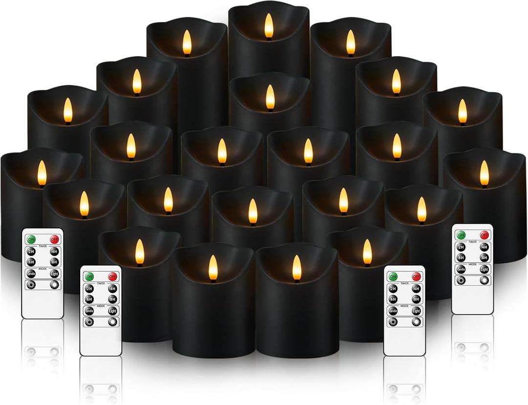 kakoya Flameless LED Candles Battery Operated with Remote and Timer,Flickering Electric Fake Plastic Pillar Candles Set of 24(D3 x H 3" 4" 5") Black