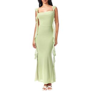 CIDER Formal Dresses for Women Wedding Guest Dresses Summer Maxi Dress Sleeveless Mesh Ruffle Cocktail Dress Elegant Outfits (X-Small, Green)