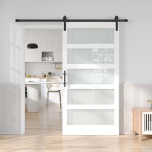 Fredbeck 42in x 84in White Glass Barn Door with 7FT 84inch Sliding Doors Hardware Kit Included & Handle,PVC Surface,Need to Assembly,Water-Proof