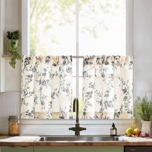 jinchan Floral Kitchen Curtains 24 Inch Linen Tier Curtains Farmhouse Cafe Half Window Drapes Over Sink Light Filtering for Living Room Laundry RV Rod Pocket 2 Panels Black on Beige