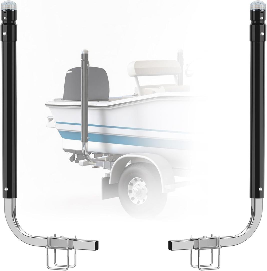 Partsam 1 Pair Boat Trailer Guides with Top Light & Reflective Tape, 40"/48" Adjustable Design Trailer Guide-ons Poles for Ski Boat/Fishing Boat/Sailboat Trailer, Galvanized Steel Frame, PVC Pipe