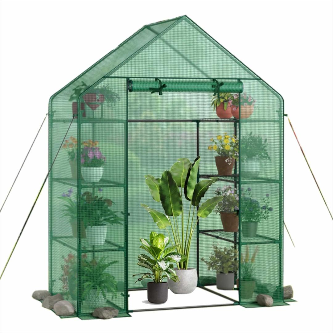 Portable Greenhouse for Outdoors | Walk in Greenhouses Heavy Duty with Durable PE Plant Cover with 4 Tiers of 16 Shelves | Gardening Plant House with Roll-up Zipper Door - 15" L x 6" W x 39" H