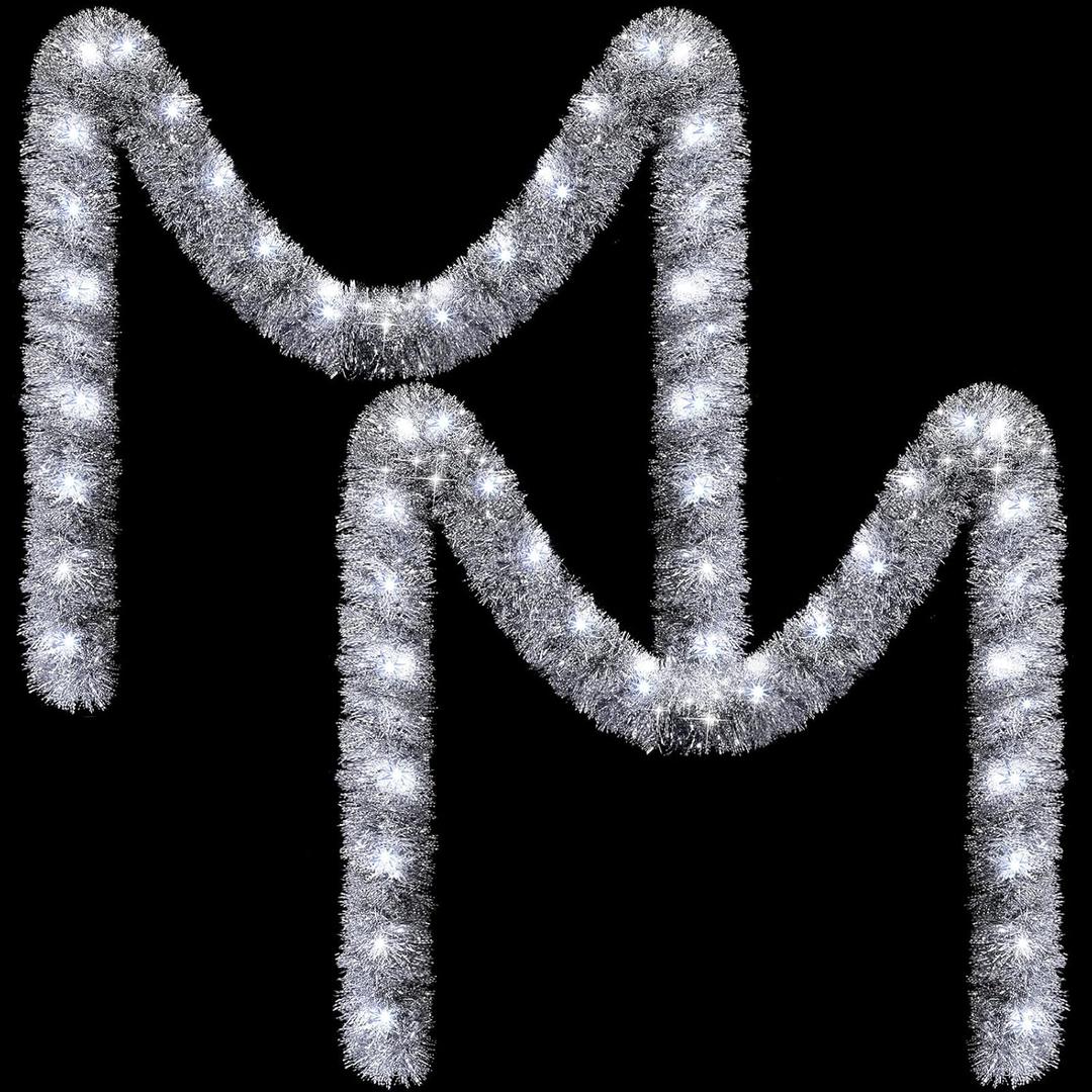 Ceenna 2 Pcs 32.8 ft Christmas Tinsel Garland with 32.8ft 100 LED Lights for Wall Mounted Hanging Xmas Tree Party Christmas Room Decor, Wedding, Birthday, Party Supplies (Silver,White)