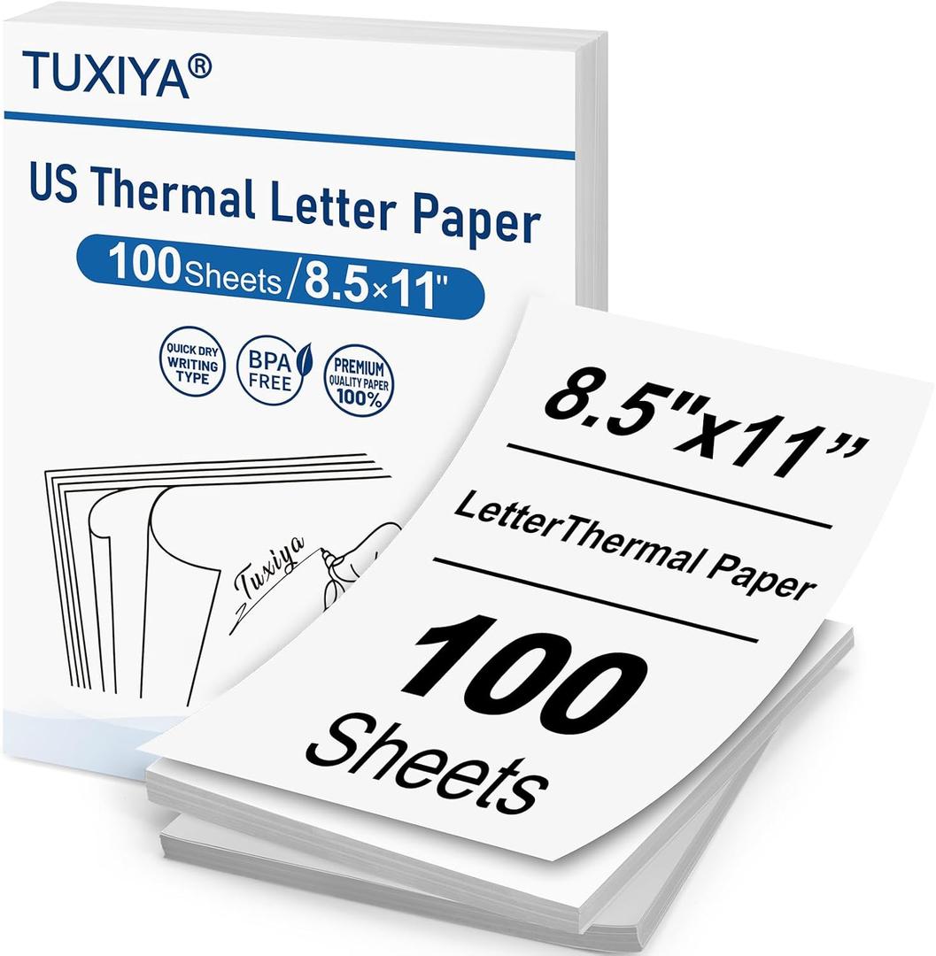 TUXIYA 100 Sheets Thermal Printer Paper 8.5 x 11 Inch,BPA free Advanced Thermal Printing, US Letter Size Thermal Paper Compatible Most Portable Printers