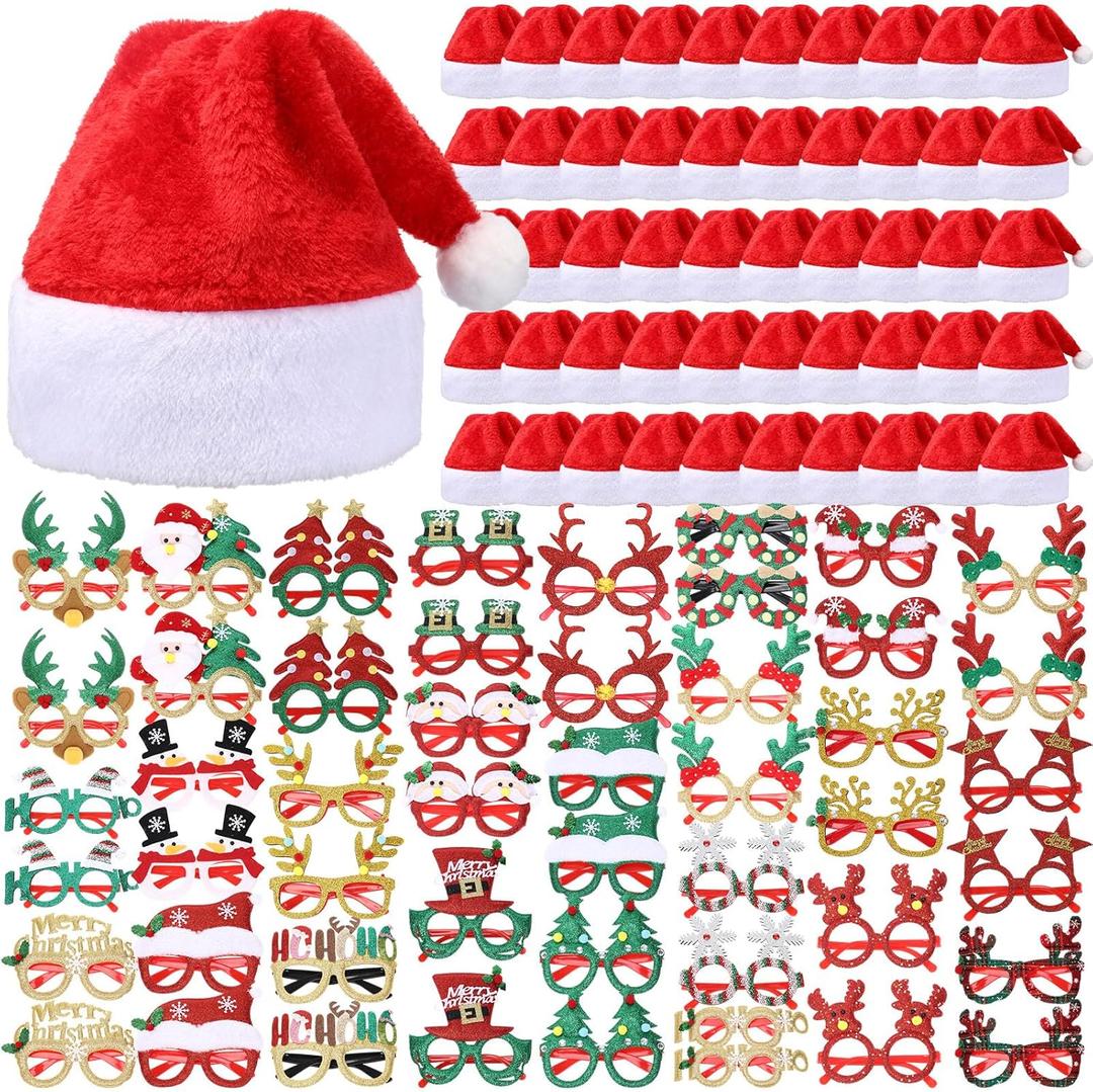 Toulite 100 Pcs Santa Hat Glasses Costume Set Christmas Santa Hats Xmas Tree Elk Glasses Funny Glitter Frames Eyewear for Christmas Holiday Party Gift Photo Booth Props Decorations (Classic)