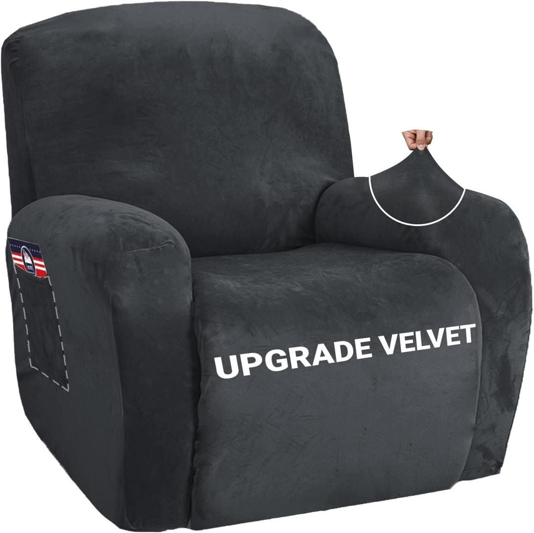 ZNSAYOTX Stretch Velvet Recliner Cover 4-Pieces, Thick Soft Recliner Chair Slipcover with Pocket, Non-Slip Elastic Bottom for Kids Pets, Luxury Plush Reclining Protector Comfy Washable (Black)