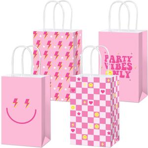 12Pcs Preppy Party Favor Bags Pink Smile Face Paper Gift Bags with Handles Heart Checkered Treat Candy Goodie Bag for Preppy Birthday Decorations Bachelorette Wedding Party Supplies Baby Shower