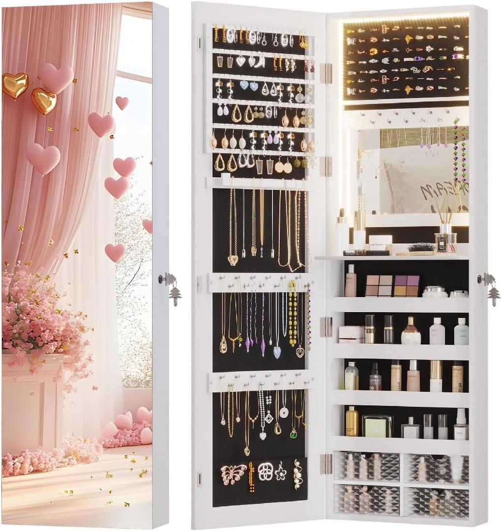 Vlsrka 47.2" LED Jewelry Mirror Cabinet, Wall/Door Mounted Jewelry Armoire Organizer with Full Length Mirror, Large Storage Hanging Cabinet, 4 Drawers, 5 Shelves (White)