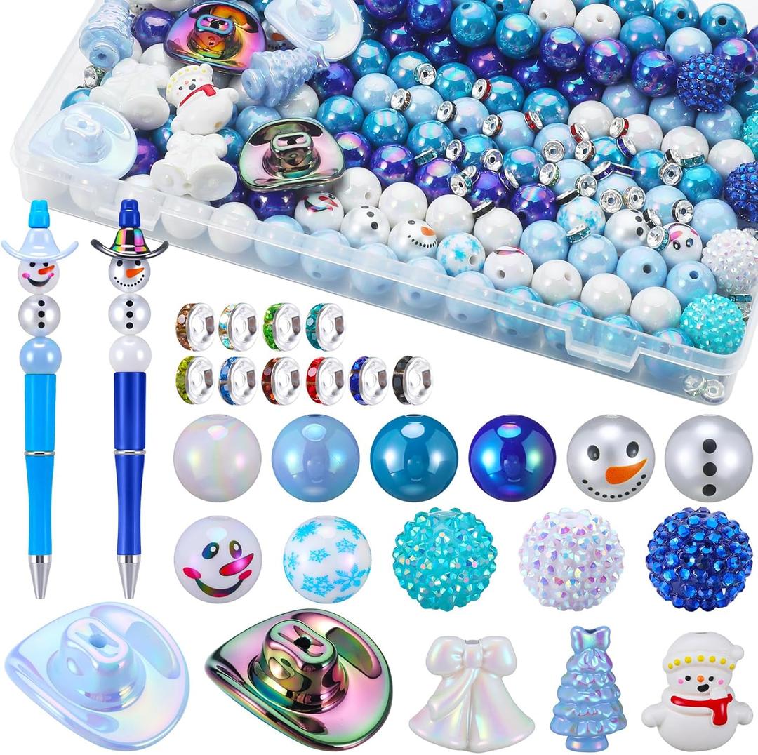 300 Pcs Focal Beads for Pens AB Color Acrylic 3D Focal Colorful Beads Bulk Round Rhinestone Spacer for Beadable Pen Keychain Making Jewelry Bracelet Necklace Charms Crafts (Winter Style)
