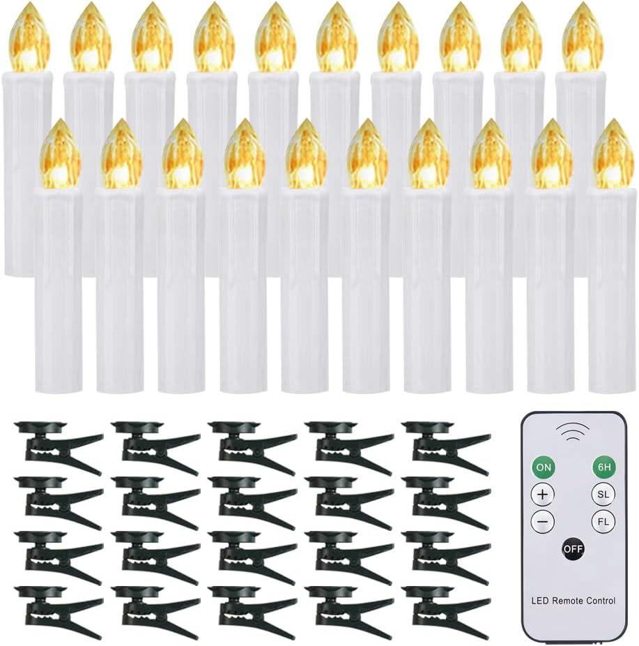 Christmas LED Window Candles with Remote Timer, 20 pcs Waterproof Battery Operated Xmas Tree Candles, Warm White LED Taper Candles for Holiday Wedding Home Chandelier Decor