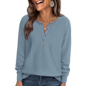 PRETTYGARDEN Women Long Sleeve Waffle Knit Shirts 2026 Fall Casual Button V Neck Loose Henley Tops Basic Tees Winter Clothes (Small, Dusty Blue)