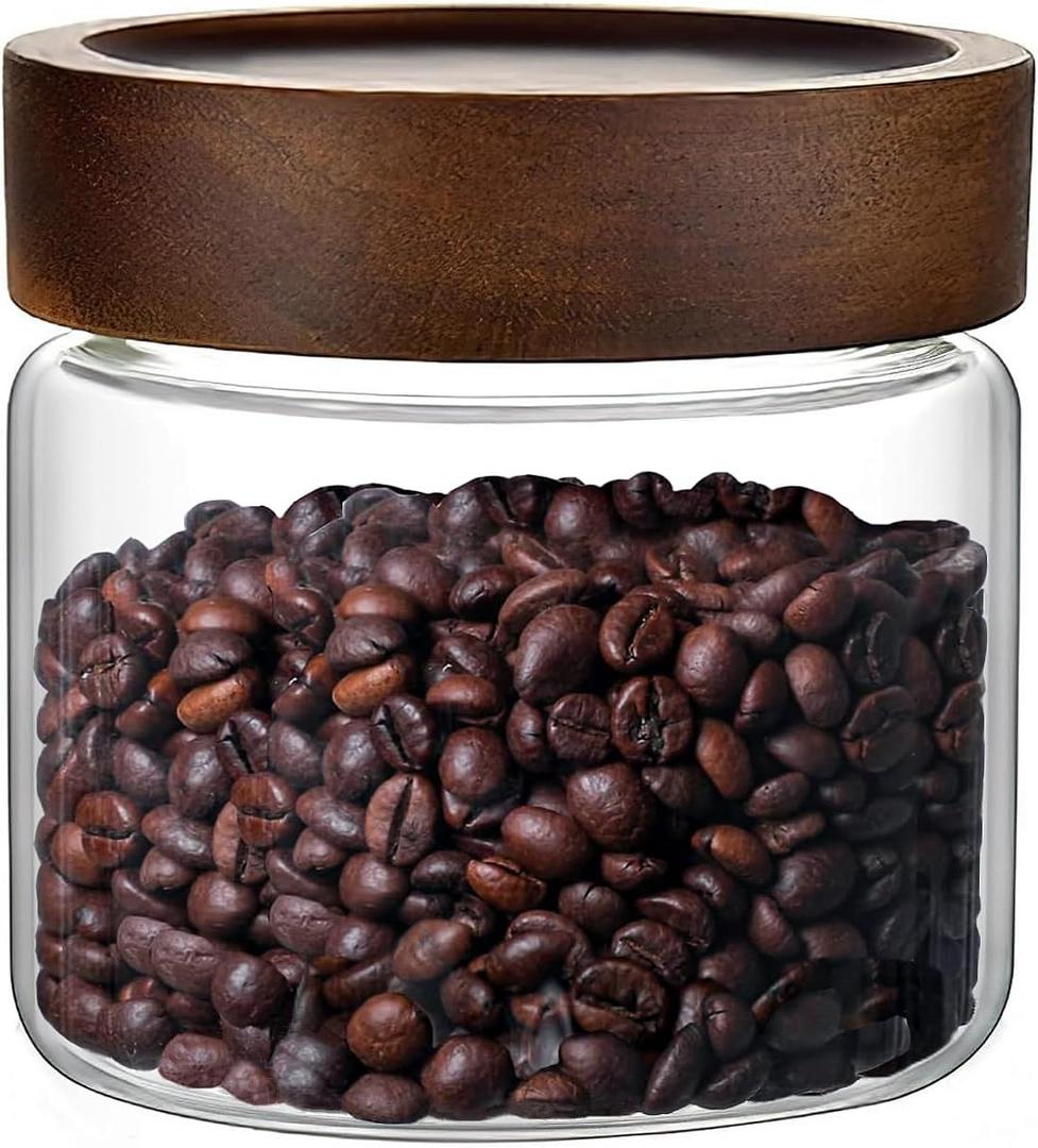 17 Fl oz/500 ml Glass Food Storage Jar, Premium Clear Glass Container Jar with Airtight Screw-on Wooden Lid, Kitchen Canisters for Coffee,Tea,Pasta,Cookies, Nuts,Spice,Candy,Overnight OatmealSmall)