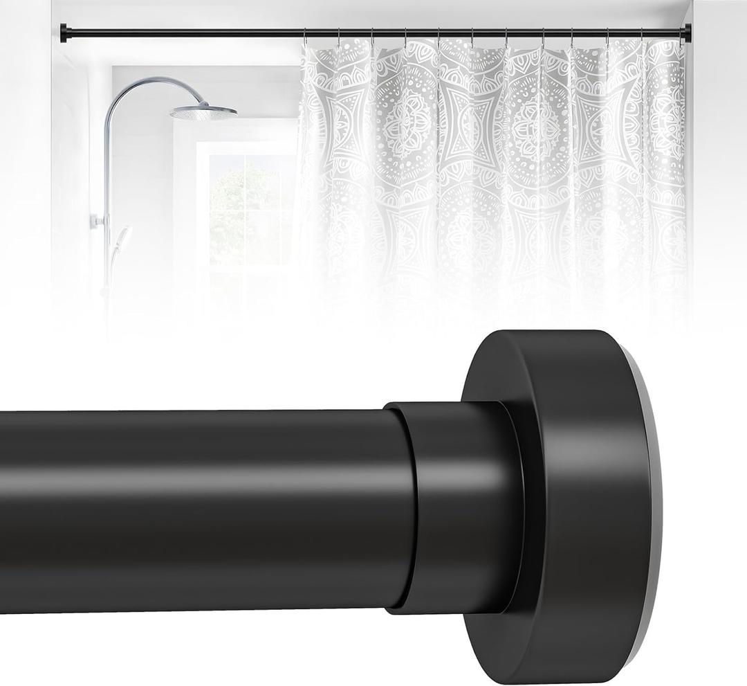 HTZON Matte Black Shower Curtain Rod, 1 Inch Tension Curtain Rod 27-49 inch Adjustable Shower Rod Tension, Heavy Duty Tension Rod, Curtain Rods No Drilling, No Slip Shower Curtain Rod for Bathroom, Black
