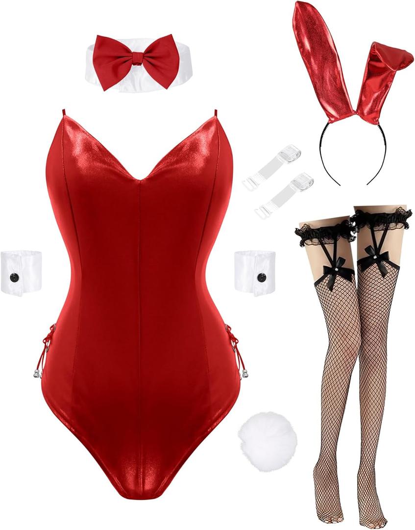 Drofe Bunny Costume Women Bunny Girl Senpai Cosplay Anime Role Costume Bodysuit Set (Red, XL)