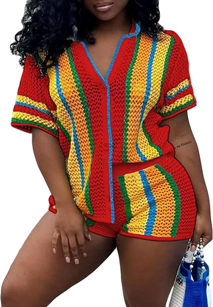 Summer 2 Piece Short Sets For Women Crochet Short Sleeve Shirt and Shorts Matching Set Vacation (Small, Red)