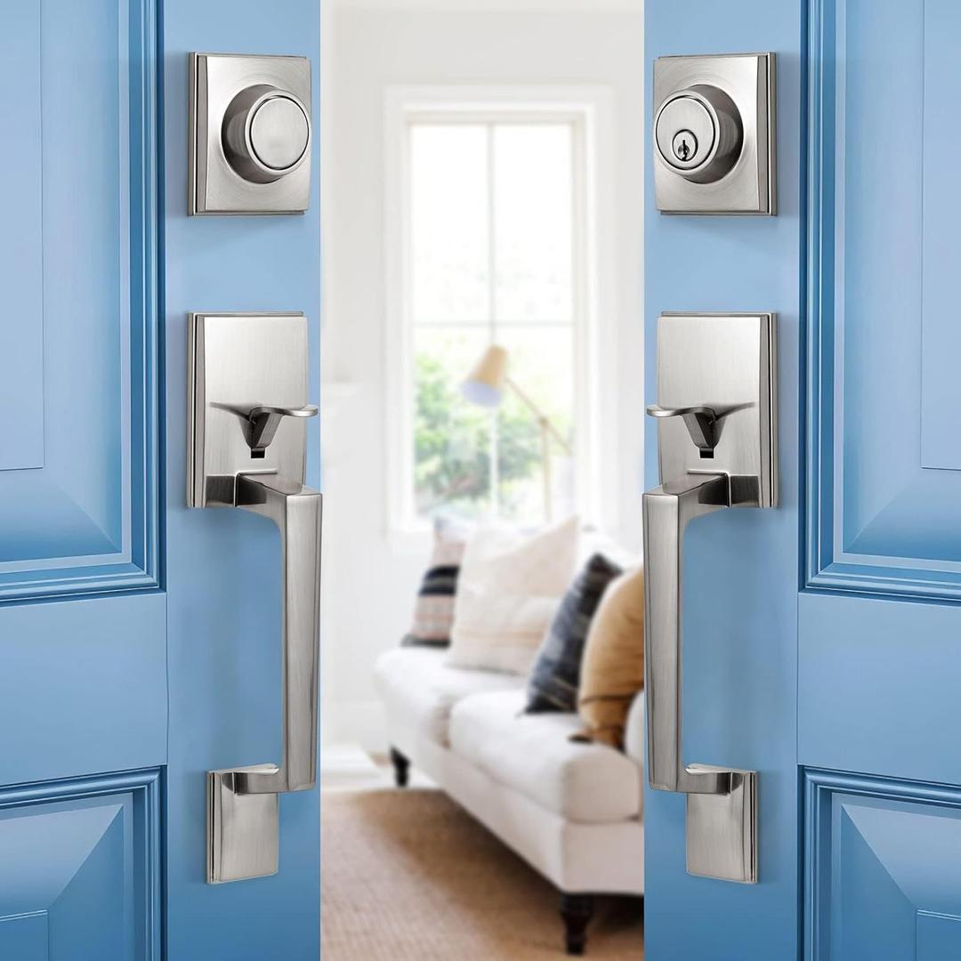 NeuType Double Door Lock Set, Double Door Handleset with Dummy, Door Handle Sets, Entry Door Handle Set with Single Cylinder Deadbolt and Door Levers, Easy to Install, Satin Nickel