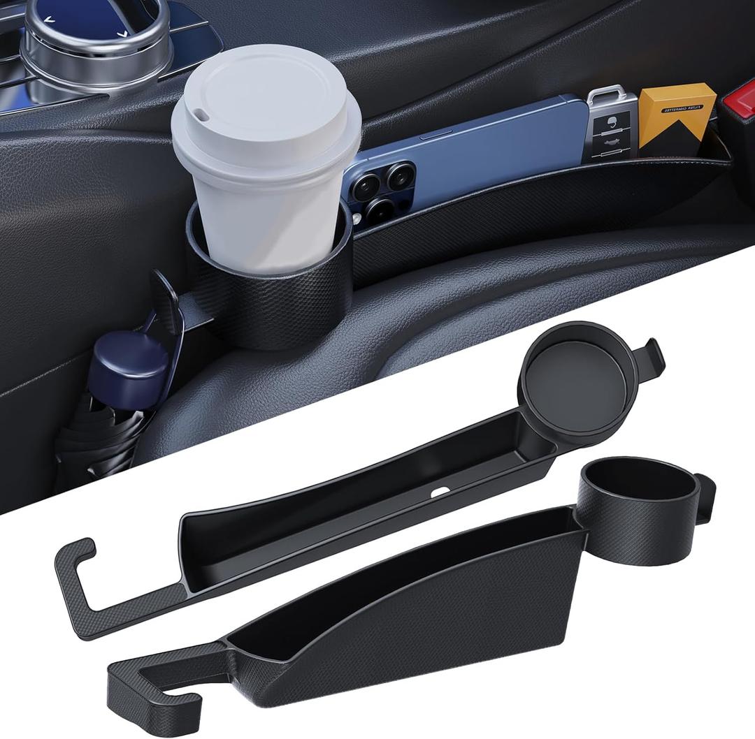 2 Pack Universal Dual Car Seat Gap Filler with Cup Holder, Car Gap Plug Seat Fillers with Cup Holders Odorless Black-Carbon Fiber Texture for Cars SUV Trucks, Console Side Gap Organizer Storage