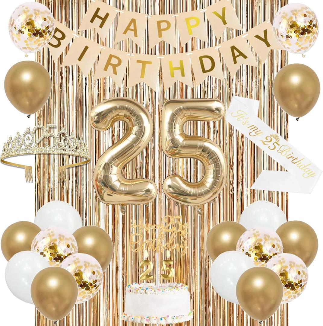 Trgowaul 25th Birthday Decorations for Women, Banner, Sash and Crown, Cake Topper, 25 Number Balloon, Fringe Curtains, Champagne Gold 25th Birthday Party Supplies