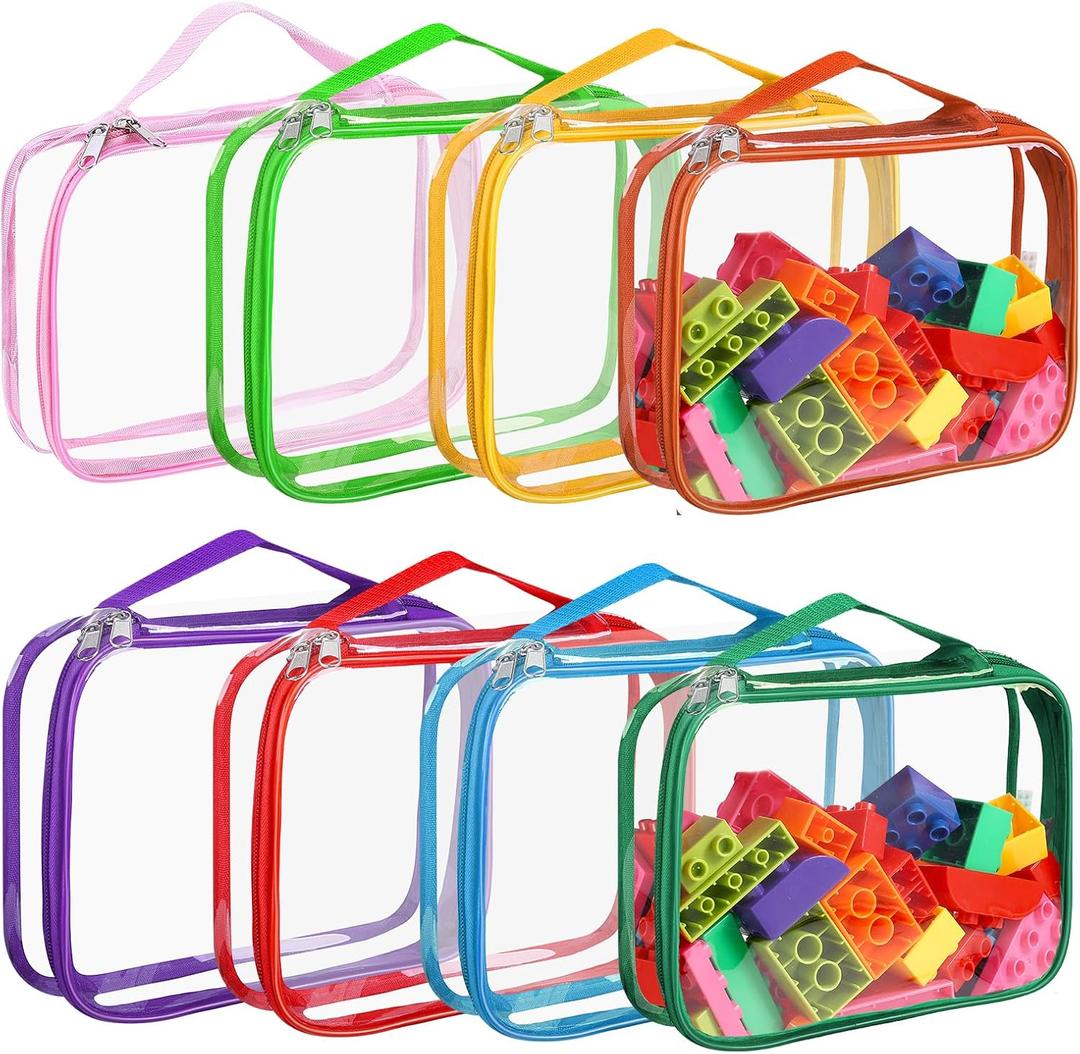 8 Packs Toy Storage Bags with Zipper, Clear PVC Organizing Bags, Reusable Toy Storage Organizer with Portable Handle, Travel Waterproof Organizer Bags for Building Blocks, Puzzle, Toys and Books (Small, Multicolor)