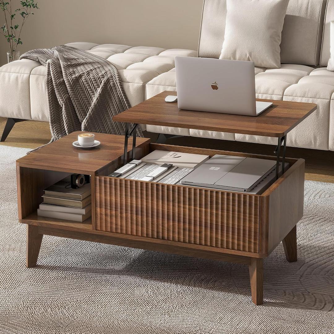 LYNCOHOME Fluted Lift Top Coffee Table with Storage, Modern Coffee Table for Living Room, Home Office Walnut