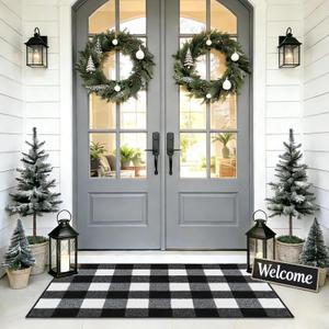 REFETONE Buffalo Plaid Rug 27.5"x43", Black and White Checkered Rug Rubber Backing Non-Slip Indoor Outdoor Rugs for Layered Door Mats, Washable Absorbent Carpet for Front Porch Farmhouse Entryway