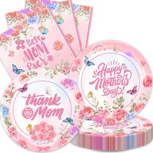 48Pack Mother's Day Decorations Party Supplies include 24 Plates, 24 Napkins for the Mother's Day Party Decorations