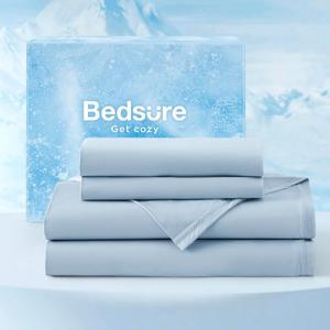 Bedsure Cooling Sheets Queen Size, Cooling Bed Sheets for Hot Sleepers, Chill Cool Sheet, Deep Pocket Up to 18 Inches, Soft & Breathable Queen Sheet Set, 4 Pieces, Blue