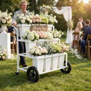 Mobile Metal Flower Plant Stand, 360 Rolling Flower Display Stand for Indoor Outdoor, Space Saving Flower Bar Stand for Patio, Garden Event White, Black, Gold (White)