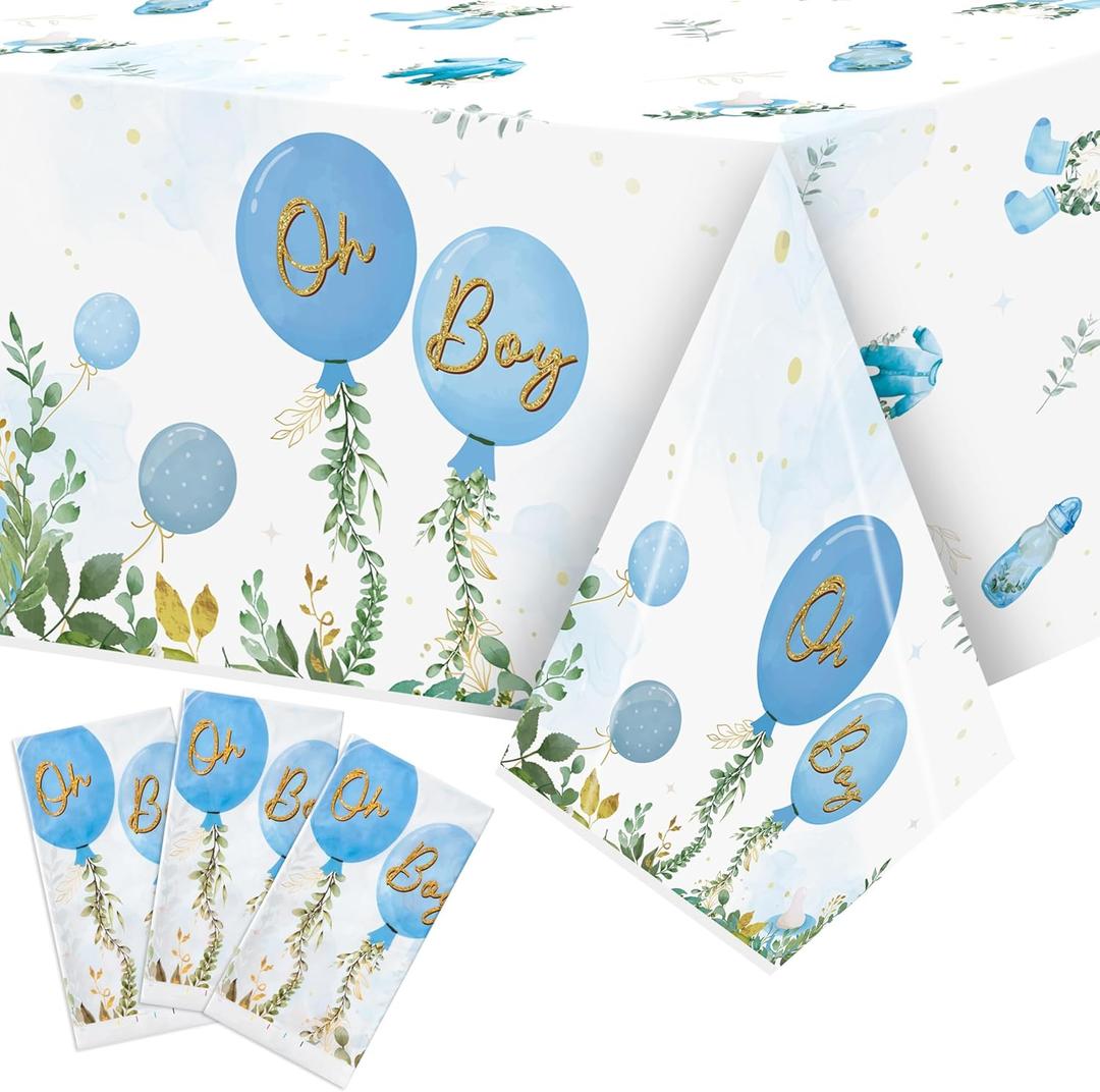 Baby Shower Party Tablecloths - 3Pcs Watercolor Blue Birthday Party Table Cover Decorations, Oh Boy Themed Rectangular Plastic Disposable Table Cloth for Baby Boys Birthday Gender Reveal Supplies, 13.39"L x 6.89"W