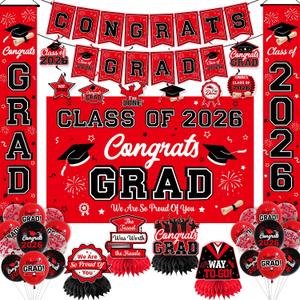 Graduation Decorations Red and Black Party Decor Set include Congrats Grad Banner Graduation Backdrop Class of 2026 Balloons Party Supplies
