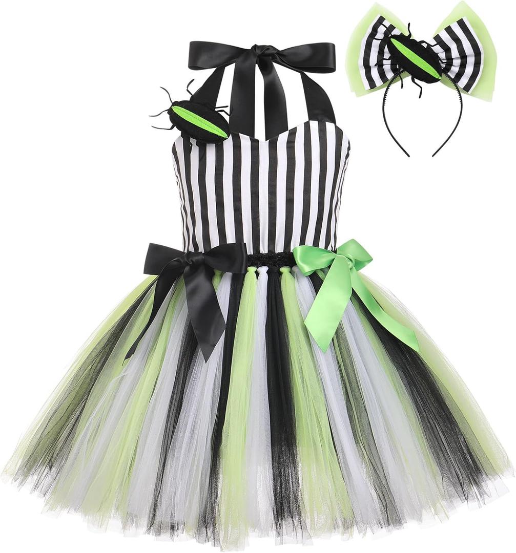 OBEEII Kids Girls Halloween Costume Black White Stripe Tulle Tutu Dress with Headband Set Carnival Fancy Dress (7-8 Years)