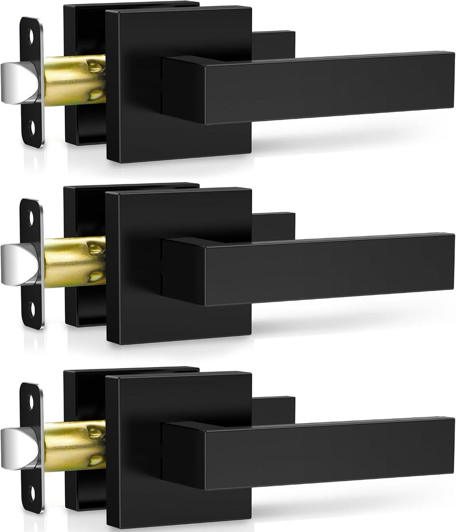 Plustool 3 Pack Matte Black Door Handles, Passage Door Levers for Hallway & Closet, Interior Keyless Door Knobs Heavy Duty Square Non-Locking Handlesets, Reversible for Left & Right Sided Doors