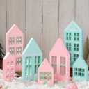 7 Pcs Christmas Village Houses Wooden Christmas Village Set Gingerbread House Decor Wood Ginger Bread Decor Winter Desk Shelf Ornament for Home Office Coffee Bar Tabletop(Pastel Colors)